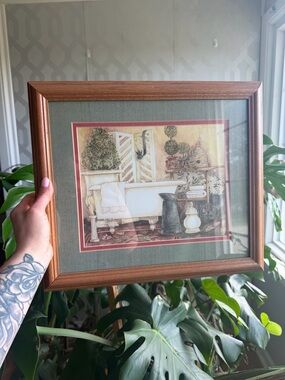 Vintage Cottage Core Bathroom Print in Wood Frame 15x13